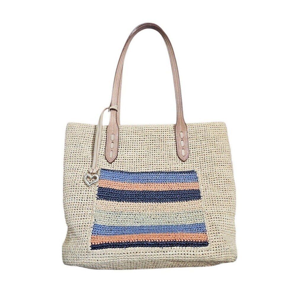 Brighton Woven Straw Tote Bag with Blue & Peach Stripes